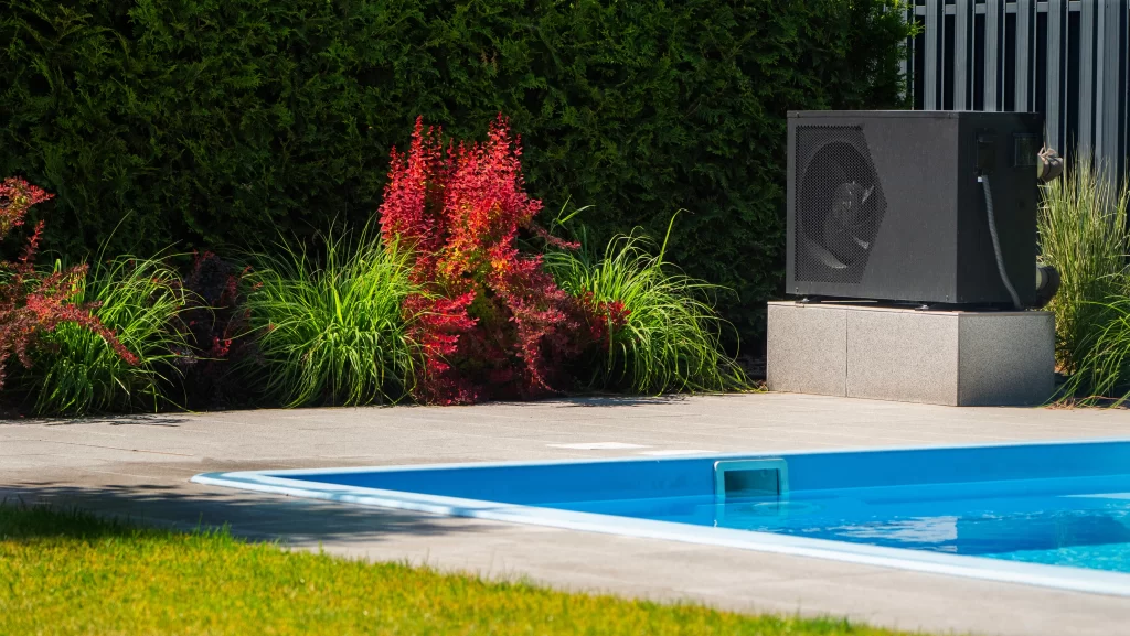 swimming pool with decorative greenery.